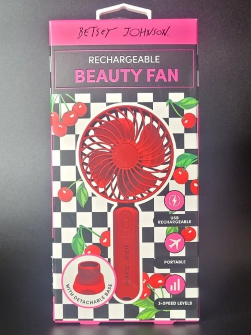 Betsey Johnson Red Rechargeable 3 Speed Portable Travel Beauty Fan NIB